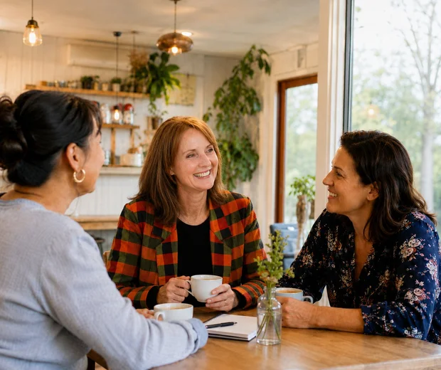 Jackie and a student in a relaxed café conversation